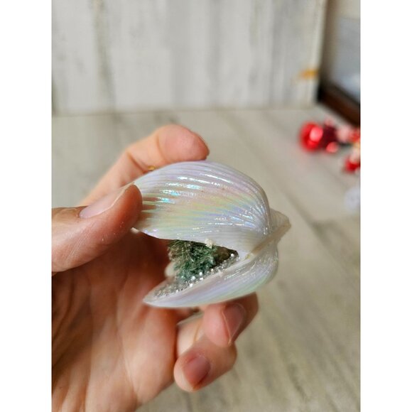 Antique elf clam shell ornament diorama pixie tree sparkle Xmas vintage tree - Picture 4 of 10